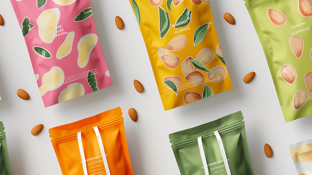 Four colorful snack bags with almonds on a white background. The bags have different designs and colors, and the almonds are scattered around them.