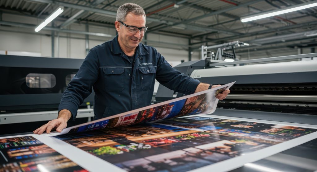 A print specialist works with a large format printing press to create vibrant images for commercial use